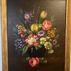 H.L. サンガーのサイン入りオリジナル油絵、静物画、花、オリジナルフレーム、全体 23 インチ x 18 1/2 インチ、1900 世紀、ボード上