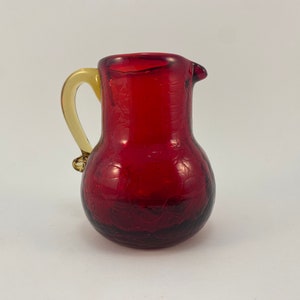 Red Blown Crackle Glass Creamer Small Pitcher with Amber Applied Handle