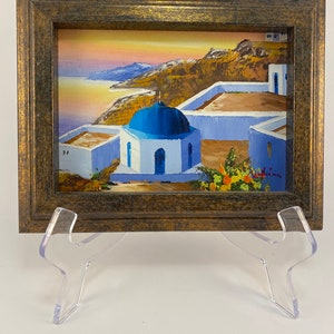 Framed & Signed Painting of Greek Rooftops and Landscape at Sunset