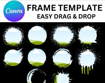 Bleach Effect Circle Ink Paint Spatter Canva Frames Bundle, Drag & Drop Photo, Editable Template Background, Bleach Splatter Design PNG