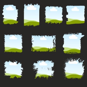 May include: Nine different grunge style frames with a green field, blue sky, and white cloud design. The frames are in various styles, including jagged, torn, and distressed.