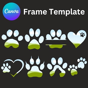 Puede incluir: Un conjunto de nueve marcos con forma de huella de pata con un fondo de cielo azul y hierba verde. Los marcos tienen diferentes formas, incluyendo corazones, círculos y huellas de pata. Los marcos son perfectos para agregar un toque personal a tus fotos u obras de arte.