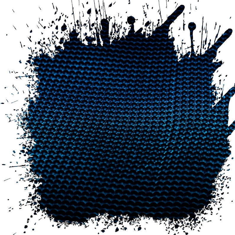 May include: Abstract blue and black digital art with a textured background. The background is a dark blue with a pattern of small circles. The edges of the image are faded and have a splatter effect.