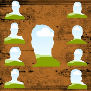May include: A digital illustration of nine silhouettes of people with clouds in their heads. The clouds are white and the silhouettes are a light blue color. The background is a brown, textured surface.