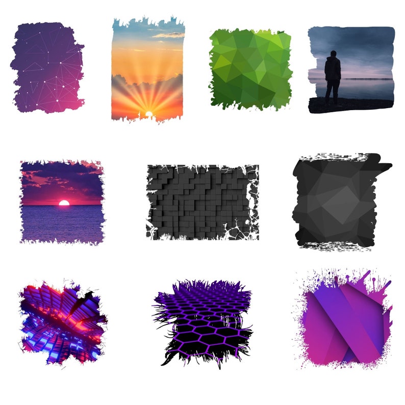 May include: A collection of nine abstract digital art images with grunge-style borders. The images feature a variety of colors, patterns, and textures, including a sunset over the ocean, a geometric pattern, a person standing on a beach, and a cityscape.