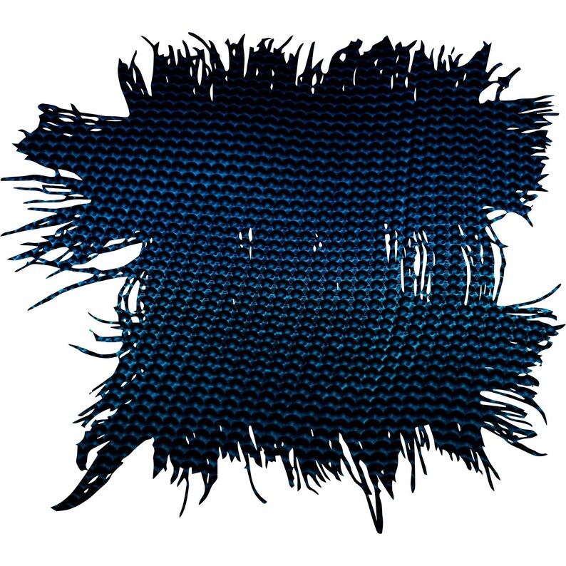 May include: A blue and black textured fabric with a frayed edge.
