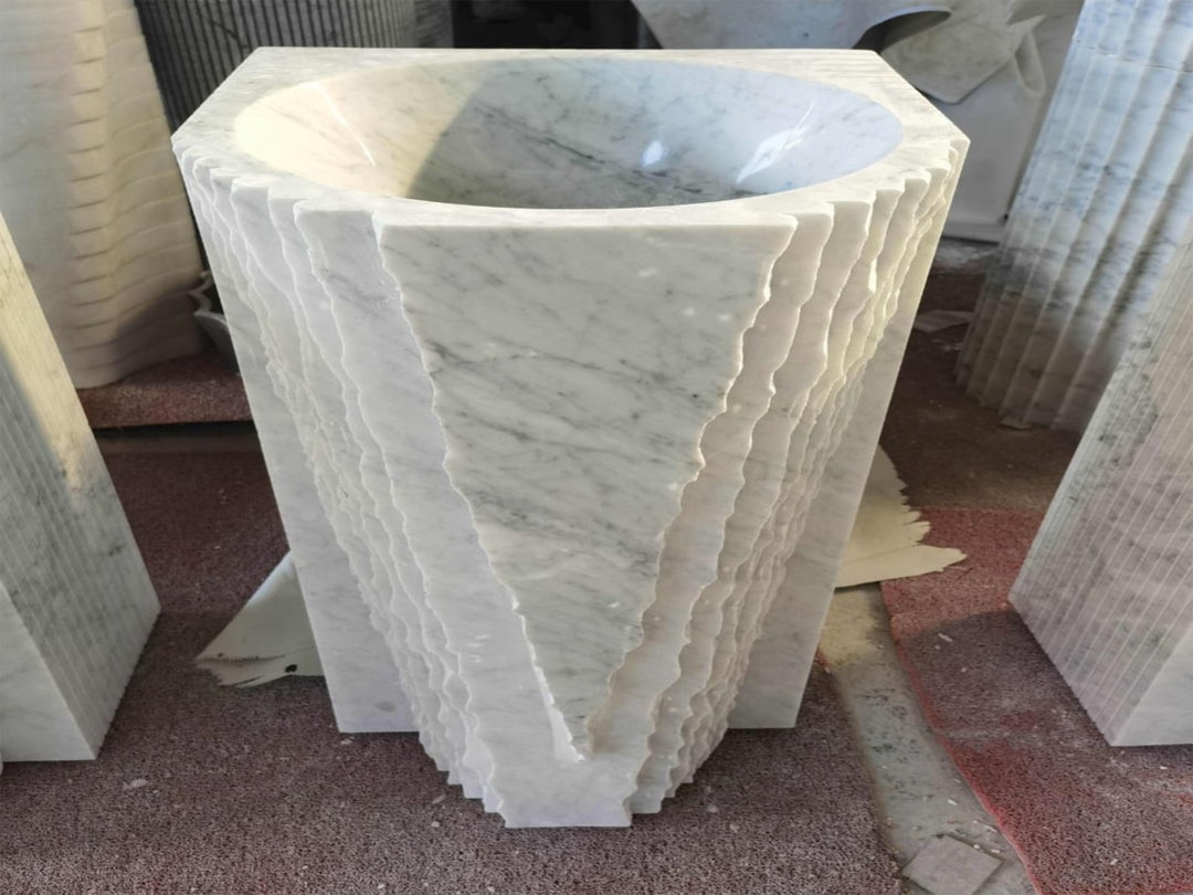 Italian Carrara White Marble Pedestal Sink , Marble Bathroom Sink