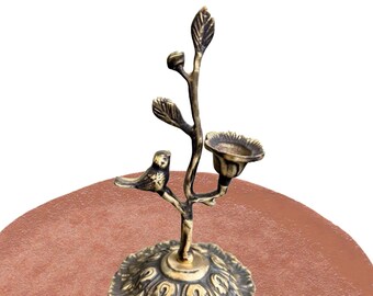 Brass Candle Holder with Spring Branch & Bird Figure, Artisan Crafted Home Decor,  Unique Housewarming and Mother's Day Gift