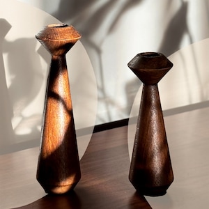 Wooden, hand carved candlestick holder set of 2