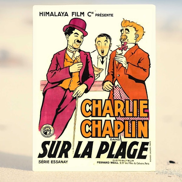 Affiche de cinéma rare vintage Sur la Plage (1915) de Charlie Chaplin grand format - Téléchargement numérique