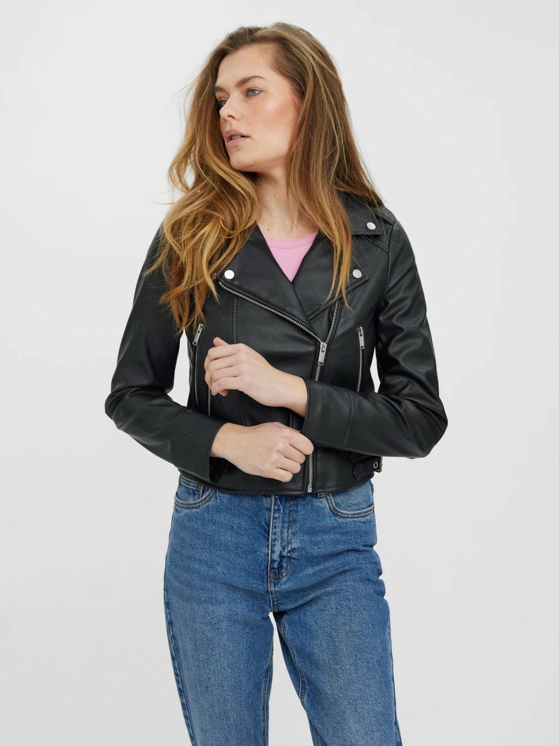 Women's Black Leather Jacket With Gunmetal Zipper 