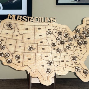 May include: A wooden map of the United States with baseballs marking the location of MLB stadiums. The map is labeled "MLB Stadiums".