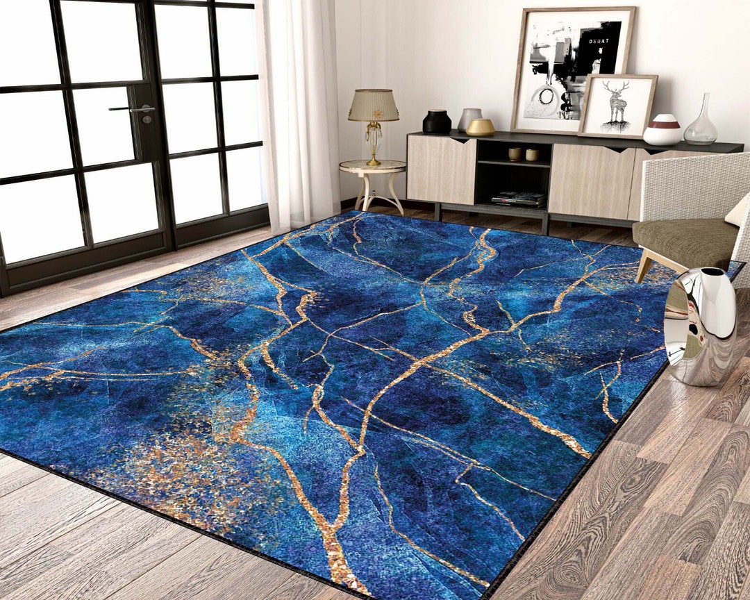 Blue Marble Rug Gold Rug Marble Rugsalon Rug Living Room Etsy Canada