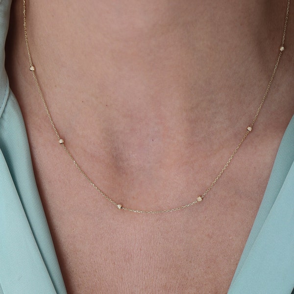 14k Gold Bead Station Halskette - 14k Perlenkugeln Anhänger Halskette - Runde Perlen Halskette - 14k Solid Gold Station Halskette-Geschenk für Mama
