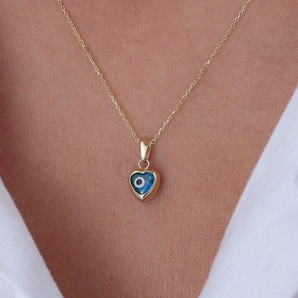 Collier bleu mauvais œil en or massif 14 carats • Pendentif cœur mauvais œil-collier cœur bleu-cadeau d'anniversaire