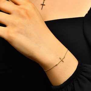 Sideway Cross Bracelet in 14k Solid Gold - Horizontal Cross Charm - Religious Charm Jewelry - Real Gold Bracelets - Fine Jewelry for Women