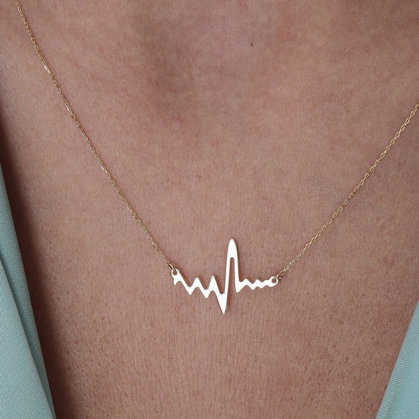 14k Solid Gold Heart Rhythm necklace - Heartbeat Pendant Necklace for Women - 14k Gold EKG Necklace -14k Heart Necklace-Birthday Gift