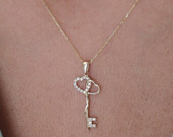 14K Gold Heart Key Necklace for Women * Gold Lock and Key Necklace *Heart, Double Heart Key, Heart Lock Pendant Necklace -  Gifts