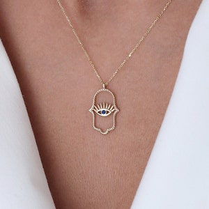 14K Solid Gold Hamsa Hand Anhänger Halskette | Saphir Evil Eye Halskette | Schutz Halskette für Frauen | 14K Echtgold spiritueller Schmuck