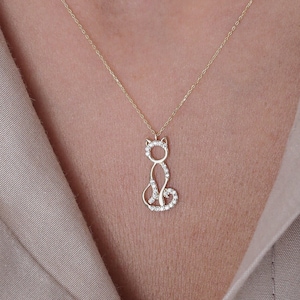 Cat Pendant Necklace in 14k Real Gold for Women - Delicate Kitten Necklace - Animal Shaped Necklace - Cat Dog Necklace