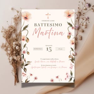 Invito Digitale Battesimo Floreale Rosa – Modello Personalizzabile Canva – Download Immediato