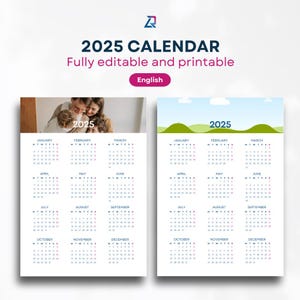 Calendario 2025 una pagina personalizzabile e stampabile INGLESE, 30x40cm e A4. Personalizza il tuo calendario con Canva in modo semplice.