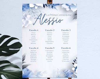 Elegante plano digital de mesa de comunión en azul y azul claro – Editar con Canva