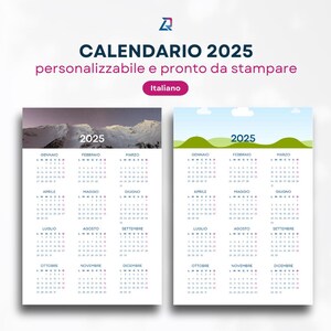 Calendario 2025 una pagina personalizzabile e stampabile ITALIANO, 30x40cm e A4. Personalizza il tuo calendario con Canva in modo semplice.