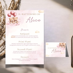 Set digitale menu e segnaposto per battesimo con orsetto rosa – Modifica con Canva