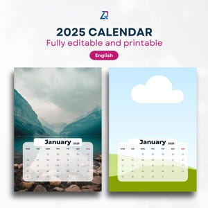 Calendario 2025 personalizzabile e stampabile INGLESE, 30x40cm e A4. Personalizza il tuo calendario con Canva in modo semplice e veloce.