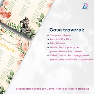 Puede incluir: Una plantilla de plano de asientos para bodas o eventos, con ilustraciones florales y de animales. El dise&ntilde;o incluye un flamenco, una cebra y varias flores. El texto incluye las palabras "Template tableau" y "Formato 50 x 70cm".