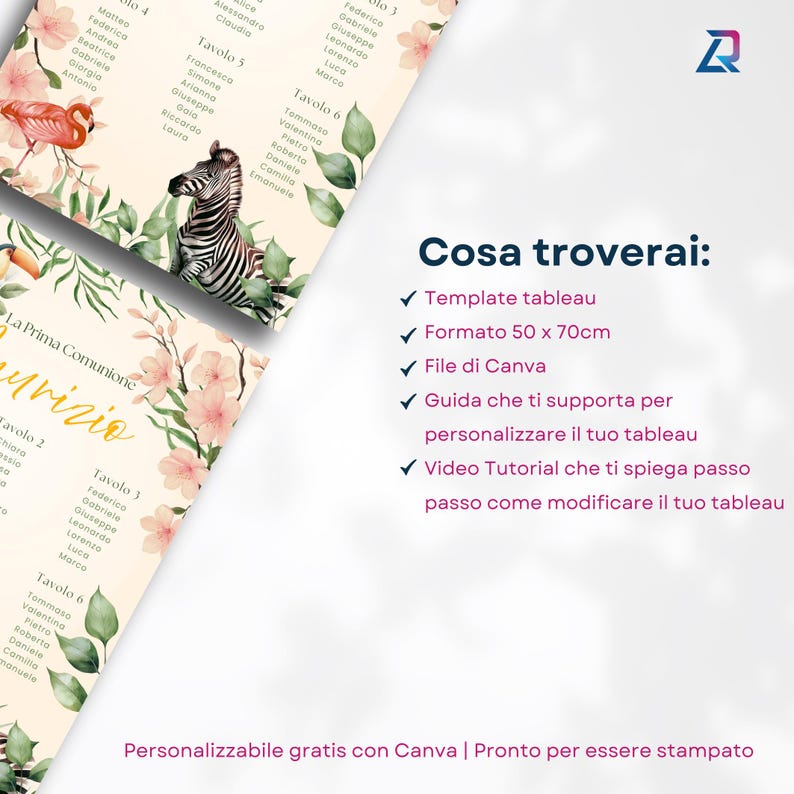 Puede incluir: Una plantilla de plano de asientos para bodas o eventos, con ilustraciones florales y de animales. El dise&ntilde;o incluye un flamenco, una cebra y varias flores. El texto incluye las palabras "Template tableau" y "Formato 50 x 70cm".
