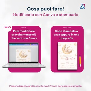 May include: A digital design template for a baby shower invitation with a pink and white color scheme. The design features a cute bunny sleeping on a crescent moon with stars. The text "IL BATTESIMO DI Giulia" is written in a cursive font. The text "17" is written in a bold font. The text "Personalizzabile gratis con Canva | Pronto per essere stampato" is written in a smaller font at the bottom of the image.