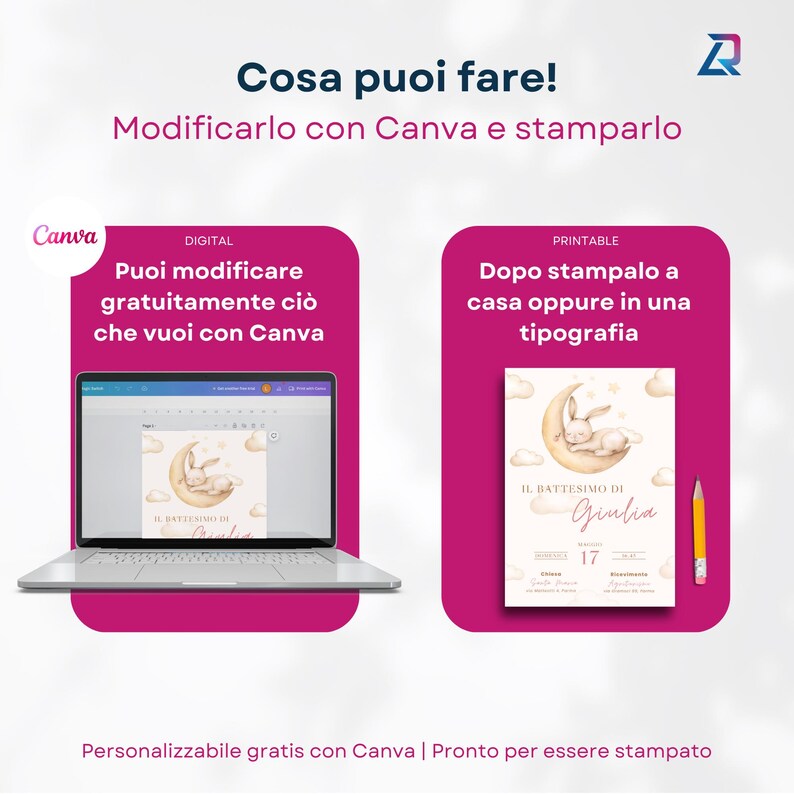 May include: A digital design template for a baby shower invitation with a pink and white color scheme. The design features a cute bunny sleeping on a crescent moon with stars. The text "IL BATTESIMO DI Giulia" is written in a cursive font. The text "17" is written in a bold font. The text "Personalizzabile gratis con Canva | Pronto per essere stampato" is written in a smaller font at the bottom of the image.