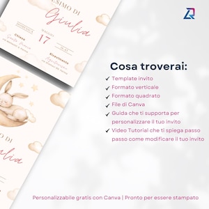 May include: A pink and white invitation template for a baby shower with a cute bunny rabbit illustration sleeping on a crescent moon. The text on the invitation reads "Simo di Giulia" and includes the date and time of the event. The invitation is customizable with Canva and ready to be printed.