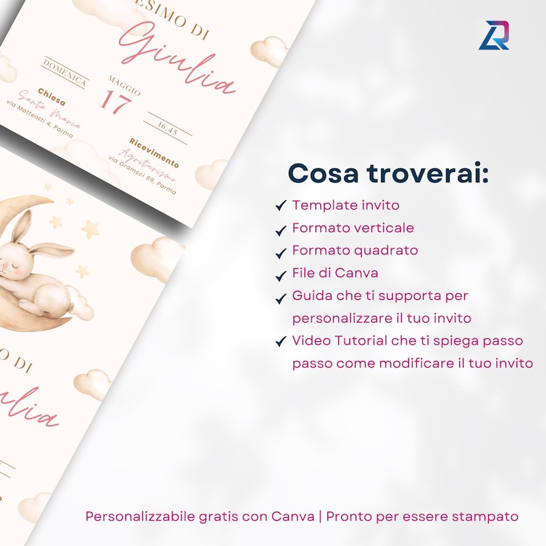 May include: A pink and white invitation template for a baby shower with a cute bunny rabbit illustration sleeping on a crescent moon. The text on the invitation reads "Simo di Giulia" and includes the date and time of the event. The invitation is customizable with Canva and ready to be printed.