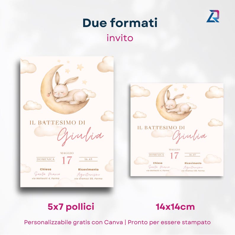 May include: Two printable baptism invitation designs featuring a watercolor illustration of a bunny sleeping on a crescent moon with clouds in the background. The text on the invitations reads "Il Battesimo di Giulia" and includes the date, time, church, and reception information. The invitations are available in two sizes: 5x7 inches and 14x14 cm.