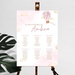 Può includere: Un tableau di seduta per battesimo rosa e bianco con il nome "Ambra" in corsivo. Il grafico presenta un'illustrazione di mongolfiera e il testo "IL BATTESIMO DI". I nomi sono elencati sotto i numeri dei tavoli.