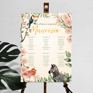 Puede incluir: Un plano de asientos decorativo para una primera comuni&oacute;n, con el nombre "Maurizio" en escritura dorada. El dise&ntilde;o incluye un tuc&aacute;n, un flamenco y una cebra, con detalles florales y de hojas tropicales. El gr&aacute;fico enumera las asignaciones de mesa.