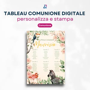 Puede incluir: Un plano de asientos digital de Comuni&oacute;n con el nombre "Maurizio" en escritura dorada. El dise&ntilde;o incluye un tuc&aacute;n, un flamenco y una cebra, con detalles florales y de hojas. El texto "TABLEAU COMUNIONE DIGITALE personalizza e stampa" est&aacute; en la parte superior.