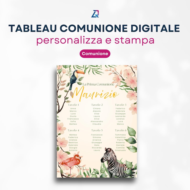 Puede incluir: Un plano de asientos digital de Comuni&oacute;n con el nombre "Maurizio" en escritura dorada. El dise&ntilde;o incluye un tuc&aacute;n, un flamenco y una cebra, con detalles florales y de hojas. El texto "TABLEAU COMUNIONE DIGITALE personalizza e stampa" est&aacute; en la parte superior.