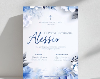 Blue First Communion Digital Invitation – Customizable, Elegant, Instant Download, Canva Template for Kids