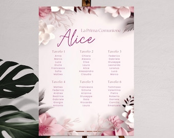 Elegante plano digital de mesas de comunión en color rosa – Editar con Canva