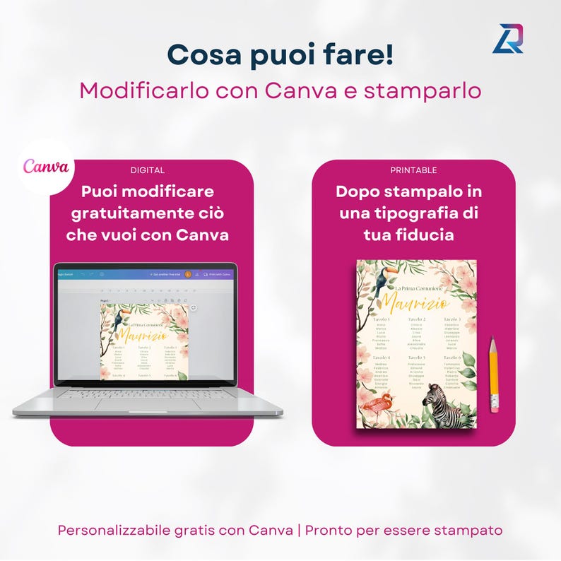 Puede incluir: Un dise&ntilde;o digital que se muestra en la pantalla de una computadora port&aacute;til y un dise&ntilde;o impreso con ilustraciones florales y de animales. El texto dice "Cosa puoi fare! Modificarlo con Canva e stamparlo" y "Personalizzabile gratis con Canva | Pronto per essere stampato."