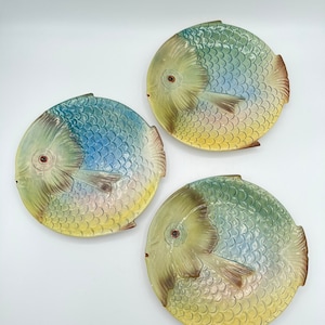 Set of 3 Vintage Hand Painted Italian Pottery Fish Plates, Whimsical Mid Century Tropical Design, Italy MCM Colorful Plates w/ Wall Hangers