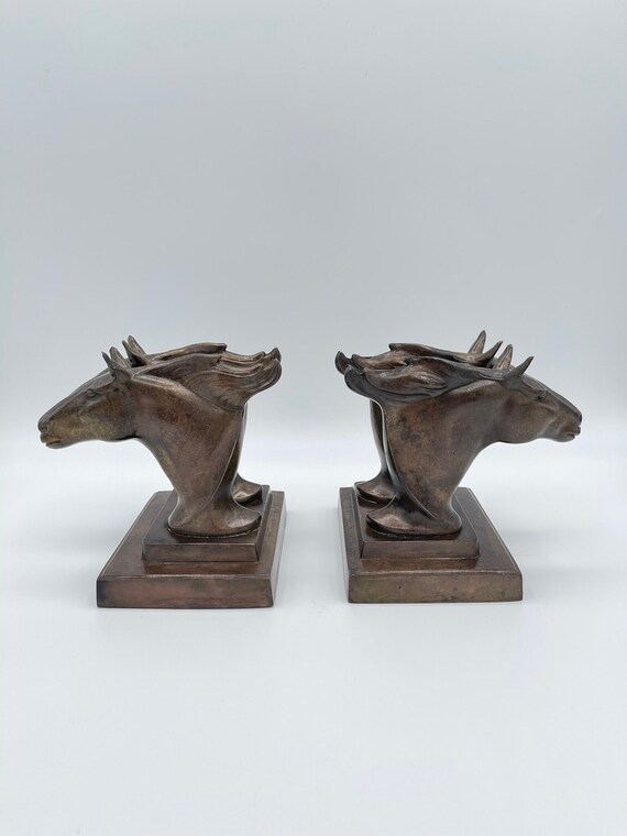 Bronze Dual Horse Head Bookends, 1920s Art Deco Frankart Double 