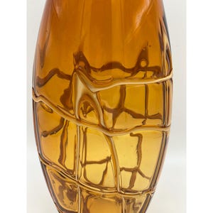 Amber Art Glass Vase with White Abstract Geometric Lattice, Handmade 12” Tall, Handblown Glass, Raised Pattern