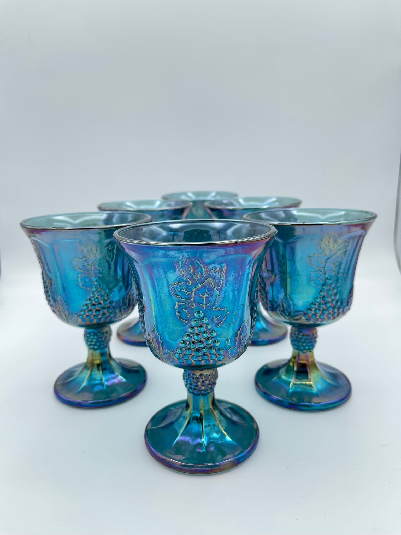 Set of 6 Blue Carnival Glass Goblets. Vintage Indiana Harvest Grape ...