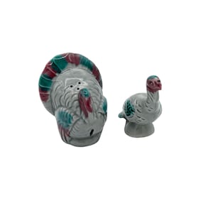 Vintage kalkoenzout- en peperstel, grijze porseleinen kalkoenen Thanksgiving-tafel, zonder stoppen