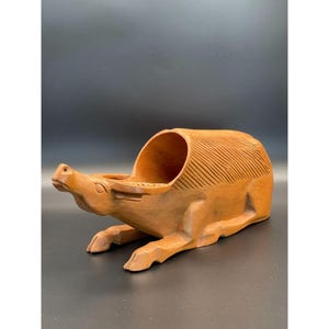 Hand-Carved Wood Caribou Wine Holder, Vintage Wine Bottle Stand, Mid-Century Decor, Ox, Water Buffalo, Animal Decoration